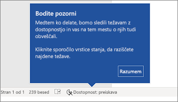 Vrstica stanja, ki prikazuje, da se izvaja preverjevalnik dostopnosti