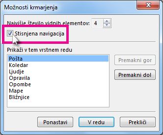 Ukaz »Stisnjena navigacija« v pogovornem oknu »Možnosti krmarjenja«