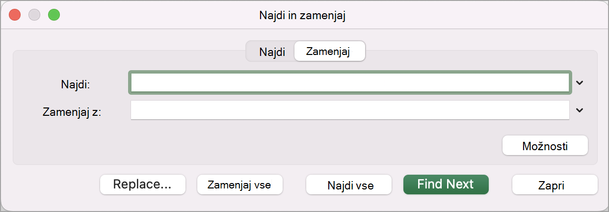 Okno »Najdi in zamenjaj«