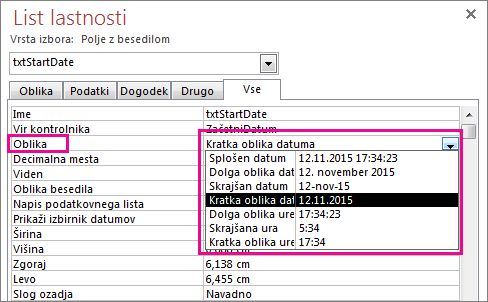 Slika prikazanega lista z lastnostmi s spustnim seznamom »Oblika«.