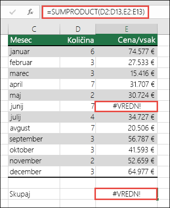 Formula v celici E15 prikaže #VALUE! errror because there is a #VALUE! v stolpcu E.