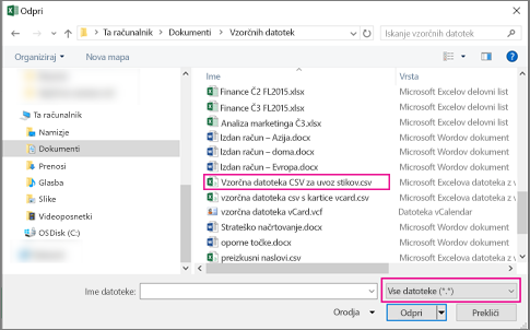 Če želite poiskati datoteko csv, iščite v vseh datotekah.