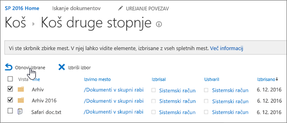 Koš druge ravni programa SharePoint z označenim gumbom za obnovitev