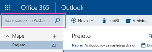 Posnetek zaslona polja »Iskanje pošte in oseb«