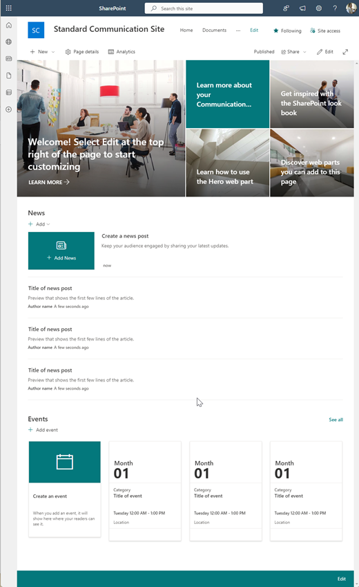 Standardni načrt spletnega mesta za komunikacijo na SharePointovem mestu za komunikacijo