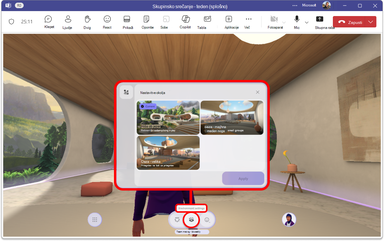 Posnetek zaslona, ki prikazuje odprte nastavitve okolja z označenim gumbom rdeče na dnu zaslona.