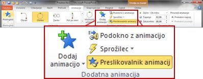 Zavihek »Animacije« na traku PowerPointa 2010
