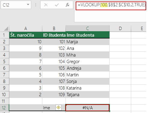 Napaka N/A v funkciji VLOOKUP, ko je iskana vrednost manjša od najmanjše vrednosti v matriki