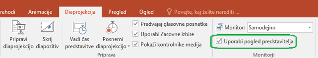 Zavihek »Diaprojekcija «v PowerPointu ima potrditveno polje, s katerim določite, ali naj se pogled predstavitelja uporabi, ko pokažete predstavitev drugim osebam.