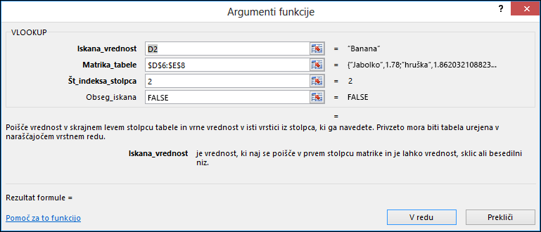 Primer pogovornega okna čarovnika za formule.