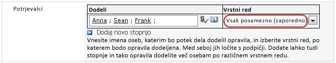 Obrazec z označeno nastavitvijo za zaporedno stopnjo