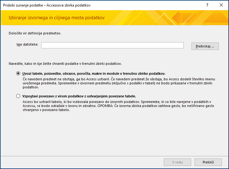 Posnetek zaslona čarovnik za uvoz Accessove zbirke podatkov – zunanji podatki.