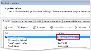 Primer Exchangeevega računa v pogovornem oknu »Nastavitve računa«