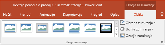 Prikazuje različne sloge in učinke zumiranja, ki jih lahko izberete na zavihku »Oblika« v PowerPointu.