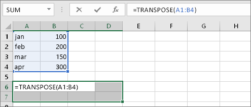 =TRANSPOSE(A1:B4)