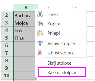 Možnost »Razkrij«