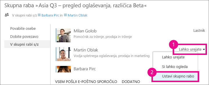 Ukaz za zaustavitev skupne rabe v oknu za skupno rabo v storitvi OneDrive za podjetja