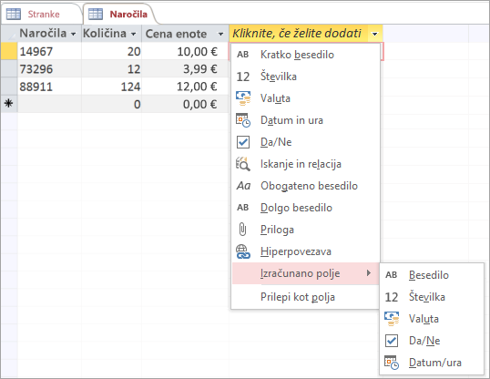 Dodajanje novega polja z vrsto podatkov »Izračunano polje«