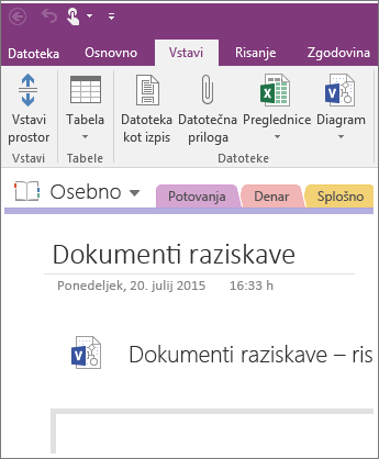 Posnetek zaslona vstavljanja Visiovega diagrama v program OneNote 2016.