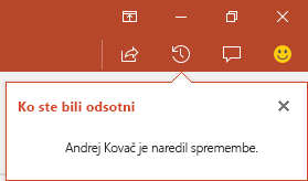 PowerPoint za Office 365 pokaže, kdo je med vašo odsotnostjo spremenil vašo datoteko v skupni rabi.