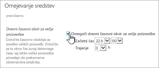 Stran z nastavitvami aplikacije osrednjega skrbništva, kjer je označen dnevni časovni okvir