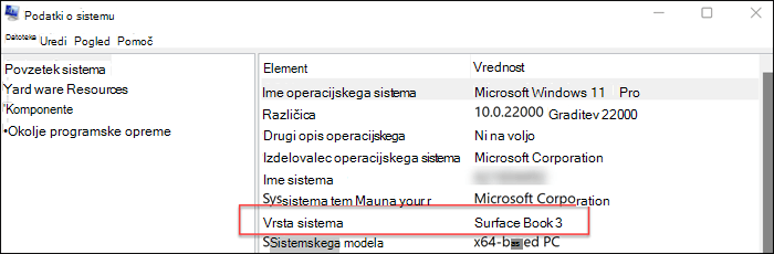 Prikaže informacije o modelu sistema v podoknu na desni strani.