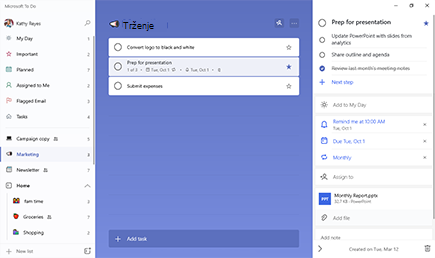 Seznam za trženje se odpre z izbranim opravilom prep za predstavitev. Pogled s podrobnostmi je odprt s tremi koraki in ponavljajočim se datumom in opomnikom. Mesečna Report.pptx je priložena datoteka.