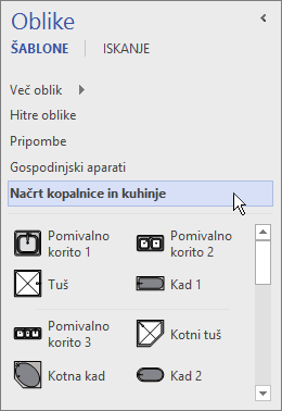 Visio prikazuje oblike v izbrani šabloni, načrtu kopalnice in kuhinje