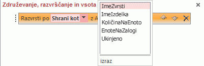 Seznam polj v podoknu »Združevanje, razvrščanje in vsota«