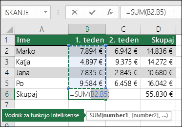 V celici B6 je prikazana formula samodejne vsote: =SUM(B2:B5)