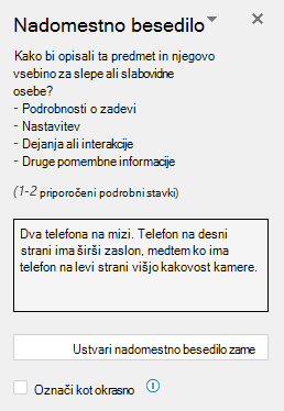 Podokno z nadomestnim besedilom prikazuje primer dobrega nadomestnega besedila.