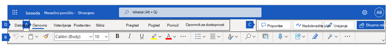 Trak v Word za splet, ki prikazuje štiri glavna območja traku.