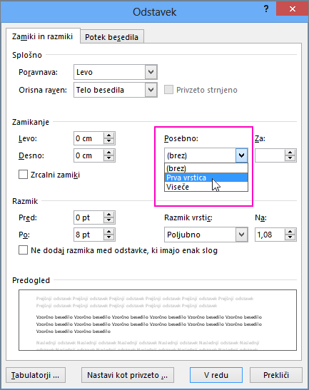 Možnost »Zamik prve vrstice« je označena v pogovornem oknu »Odstavek«.