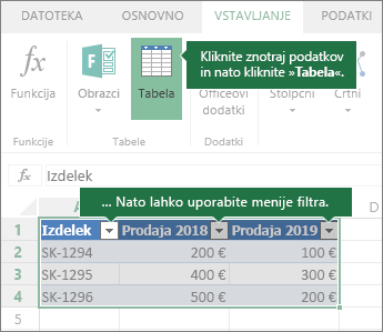 Zavihek »Vstavi«, gumb »Tabela«, meniji »Filtri«