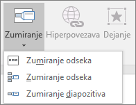 Prikazuje različne vrste zumiranj, ki jih lahko izberete, ko izberete »Vstavljanje« > »Zumiranje«: »Zumiranje povzetka«, »Zumiranje diapozitiva« in »Zumiranje odseka«.