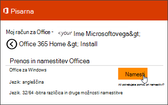 Posnetek zaslona strani za namestitev na mestu »Moj račun«