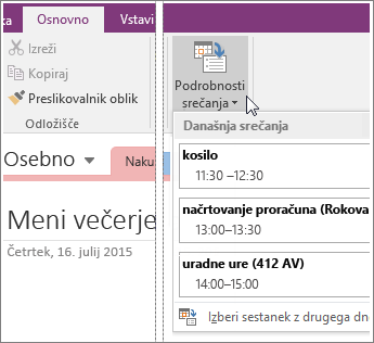 Posnetek zaslona gumba »Podrobnosti srečanja« v programu OneNote 2016