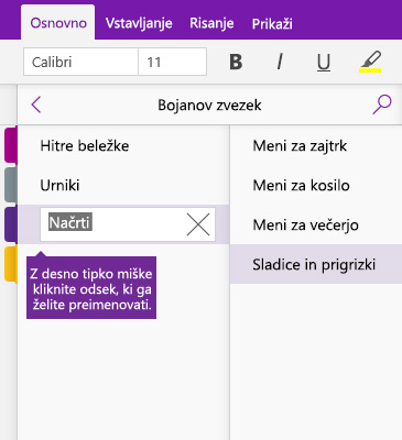 Posnetek zaslona, ki prikazuje preimenovanje odseka v OneNotu