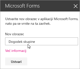 Plošča spletnega gradnika Microsoft Forms za nov obrazec.