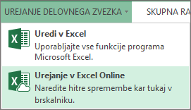 »Uredi v programu Excel Online« v meniju »Uredi delovni zvezek«