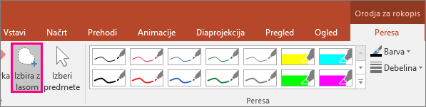 Prikazuje gumb »Izbira z lasom« v orodjih za rokopis