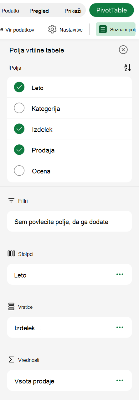 Seznam polj vrtilne tabele v napravi iPad.