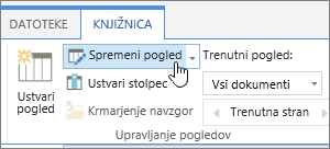 Možnost spremembe pogleda zavihka »Knjižnica« na traku storitve SharePoint Online