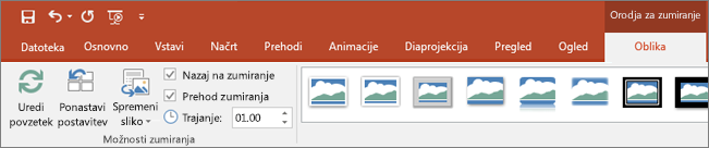 Prikazuje orodja za zumiranje na zavihku »Oblika« na traku v PowerPointu.