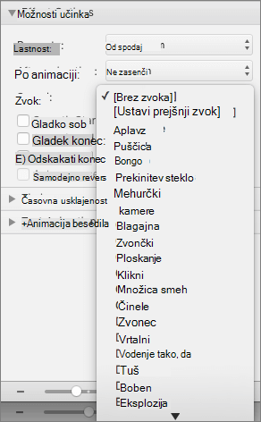 Posnetek zaslona prikazuje razdelek »Možnosti učinka« v podoknu »Animacije« z razširjenim menijem »Zvok«.