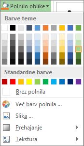 Meni »Polnilo oblike« z barvnimi možnostmi