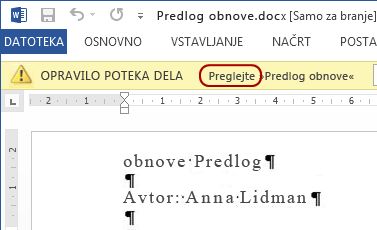 Besedilo »Preglej« v vrstici za sporočila v elementu