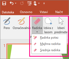 Prikazuje gumb »Radirka« v orodjih za rokopis v Officeu