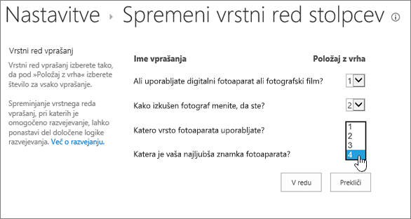 Pogovorno okno za spreminjanje vrstnega reda vprašanj s spustnim seznamom z enim označenim vprašanjem