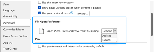 Image showing option to select either Desktop or Browswer from the dropdown menu as your file open preference.